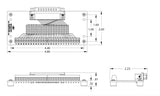 Mechanical drawing of DB25 male breakout board with rubber feet